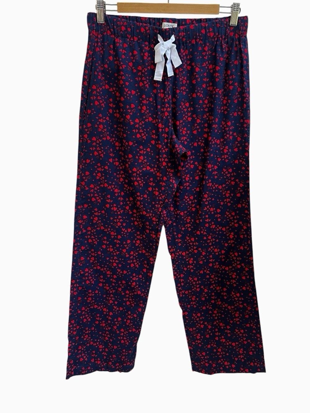 J. Crew NWT Flannel Pajama Pant Dark Blue Red Heart Print Sz S Elastic Waist